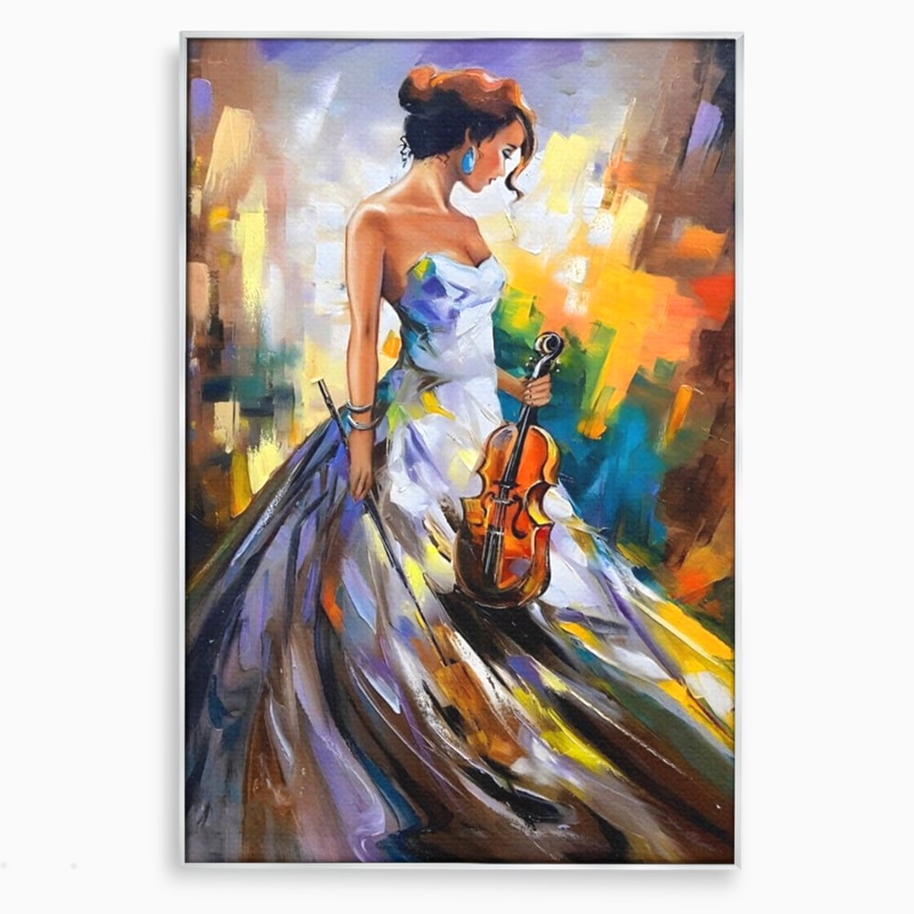 Tablou canvas cu tablou canvas cu femeie si vioara, in rama de aluminiu argintiu