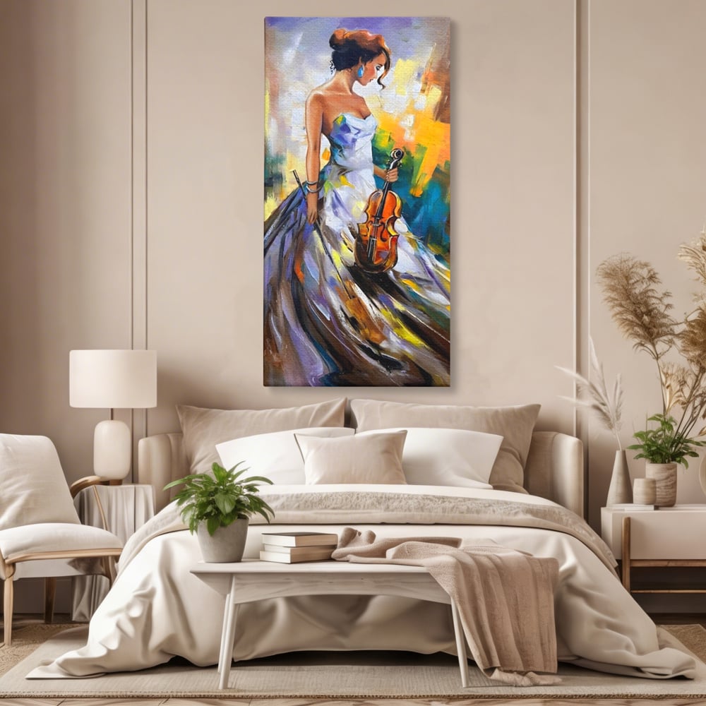 Tablou canvas cu tablou canvas cu femeie si vioara, fara rama, pe sasiu de lemn, pe perete intr-un dormitor