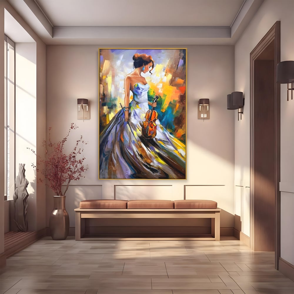 Tablou canvas cu tablou canvas cu femeie si vioara, in rama de aluminiu auriu