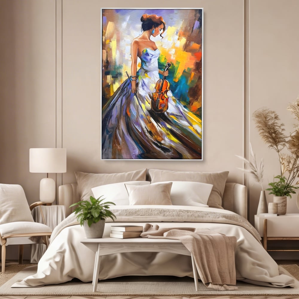 Tablou canvas cu tablou canvas cu femeie si vioara, in rama de aluminiu argintiu, pe perete intr-un dormitor