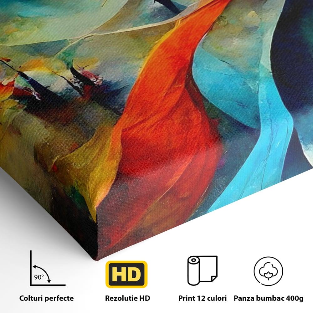 Detaliu al suprafetei: pictura abstracta cu valuri colorate, fara rama, pe sasiu de lemn