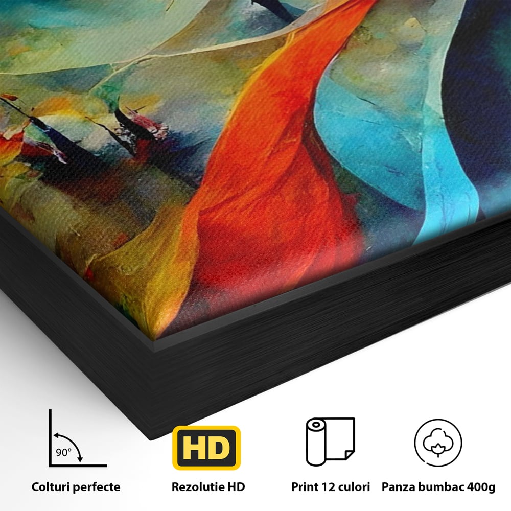 Detaliu al suprafetei: pictura abstracta cu valuri colorate, in rama de aluminiu negru