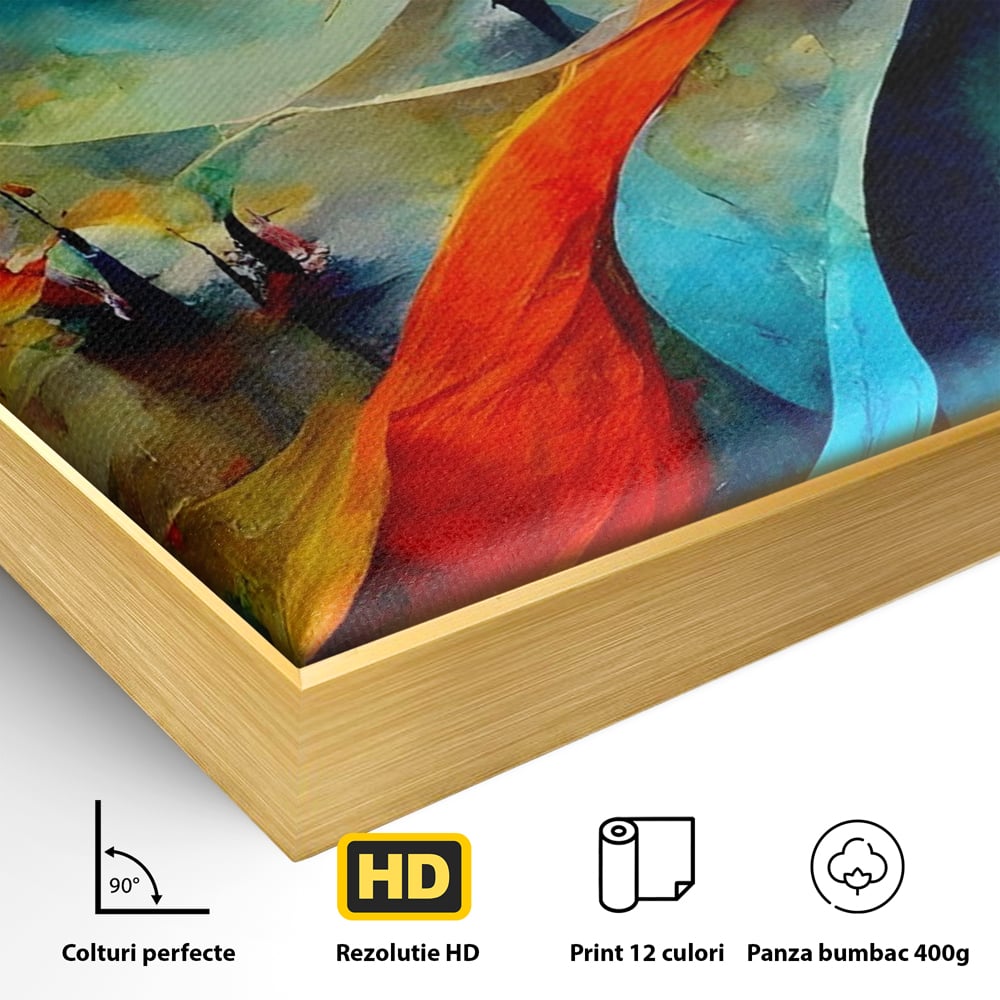 Detaliu al suprafetei: pictura abstracta cu valuri colorate, in rama de aluminiu auriu
