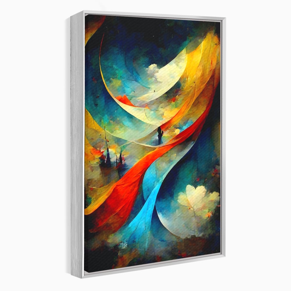 Tablou canvas cu pictura abstracta cu valuri colorate, in rama de aluminiu argintiu