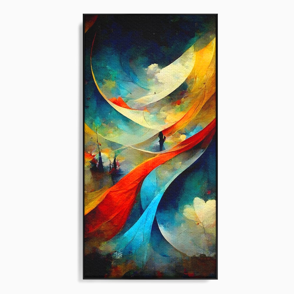 Tablou canvas cu pictura abstracta cu valuri colorate, in rama de aluminiu negru
