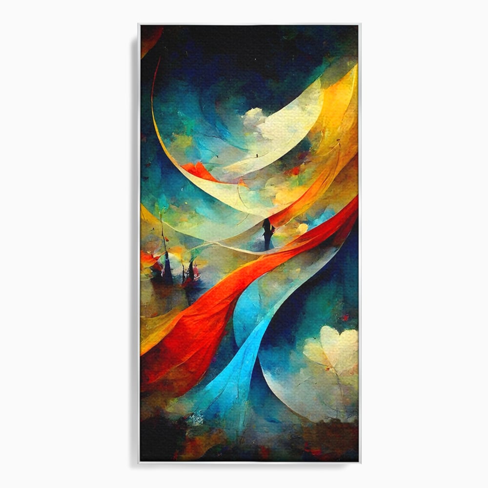 Tablou canvas cu pictura abstracta cu valuri colorate, in rama de aluminiu argintiu