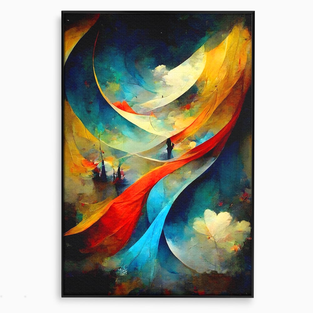 Tablou canvas cu pictura abstracta cu valuri colorate, in rama de aluminiu negru