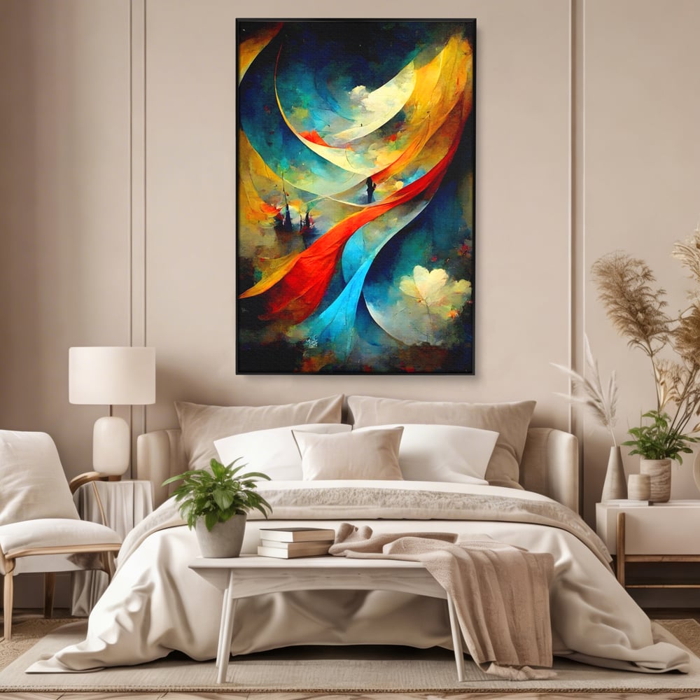 Tablou canvas cu pictura abstracta cu valuri colorate, in rama de aluminiu negru, pe perete intr-un dormitor