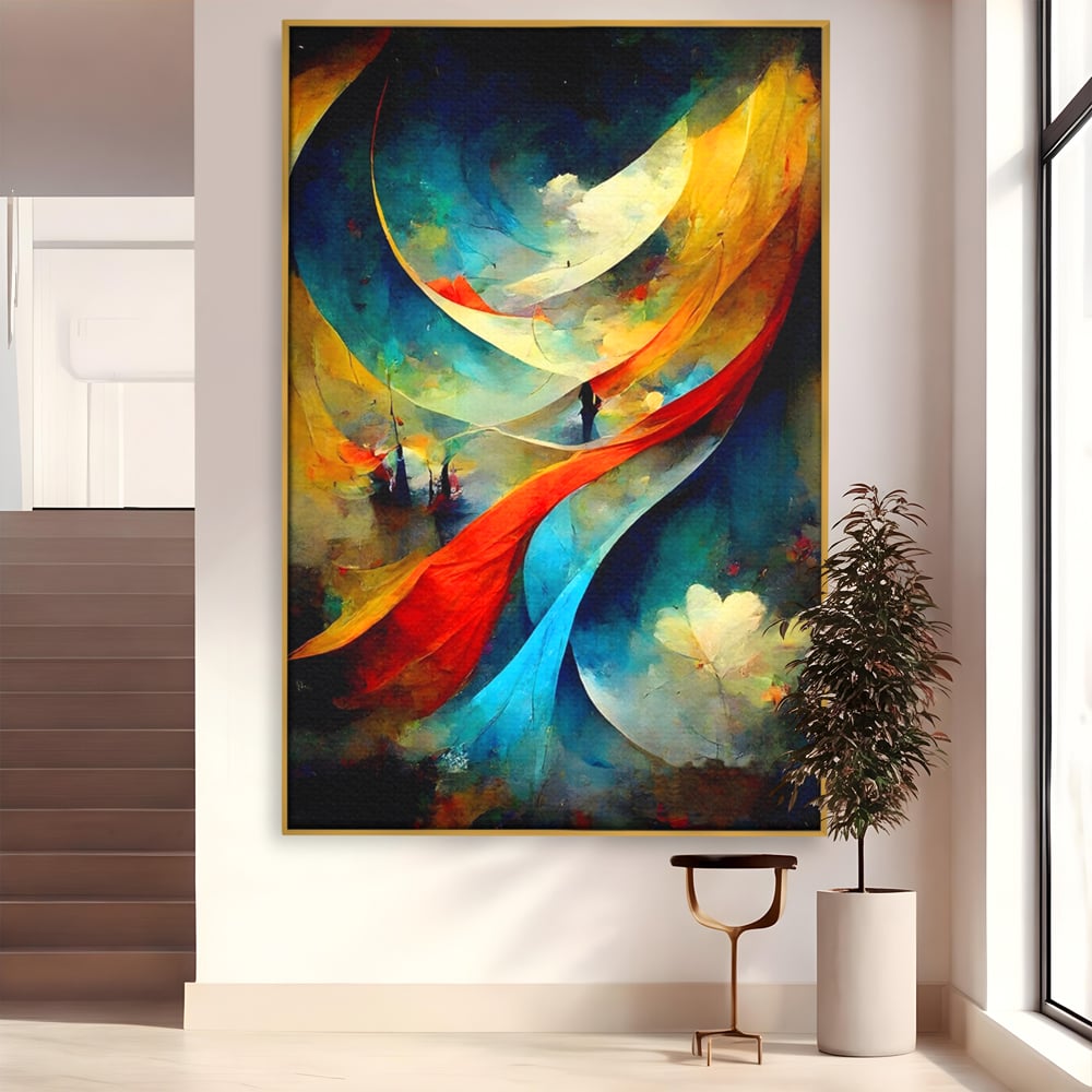 Tablou canvas cu pictura abstracta cu valuri colorate, in rama de aluminiu auriu