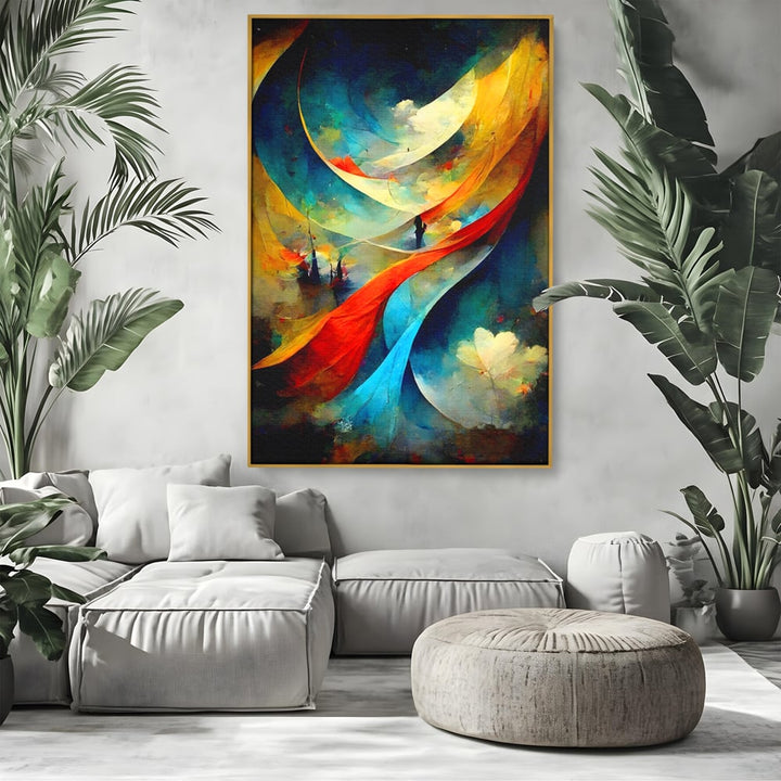 Tablou canvas cu pictura abstracta cu valuri colorate, in rama de aluminiu auriu, pe perete intr-un living