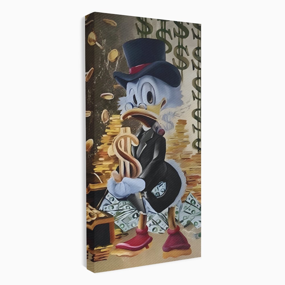 Tablou canvas cu tablou canvas cu scrooge duck si bani, fara rama, pe sasiu de lemn