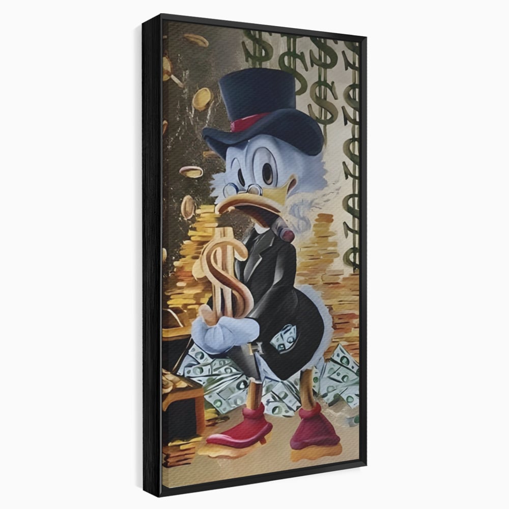 Tablou canvas cu tablou canvas cu scrooge duck si bani, in rama de aluminiu negru