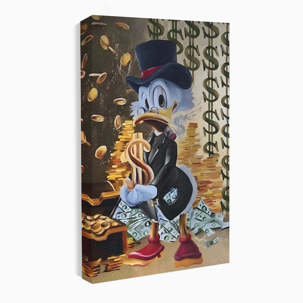 Tablou canvas cu tablou canvas cu scrooge duck si bani, fara rama, pe sasiu de lemn