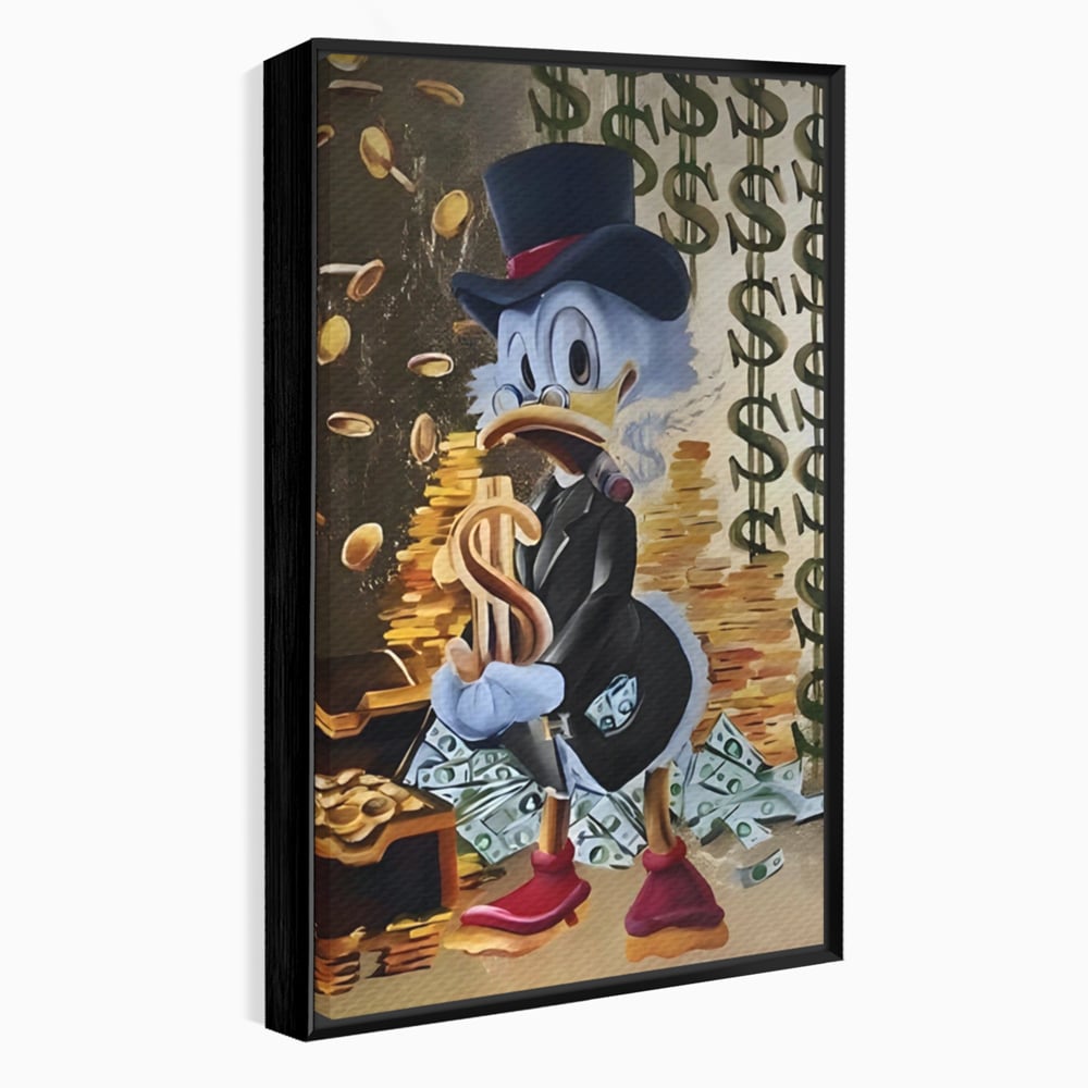 Tablou canvas cu tablou canvas cu scrooge duck si bani, in rama de aluminiu negru