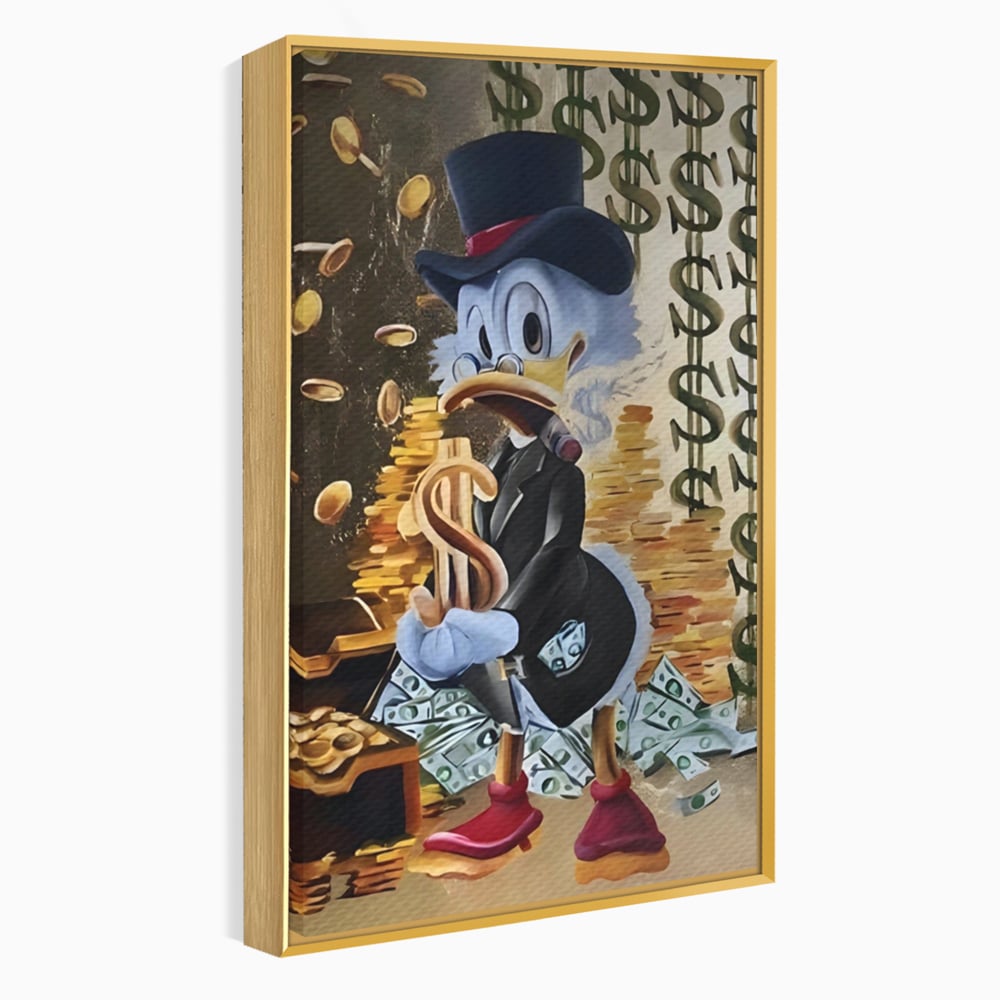 Tablou canvas cu tablou canvas cu scrooge duck si bani, in rama de aluminiu auriu