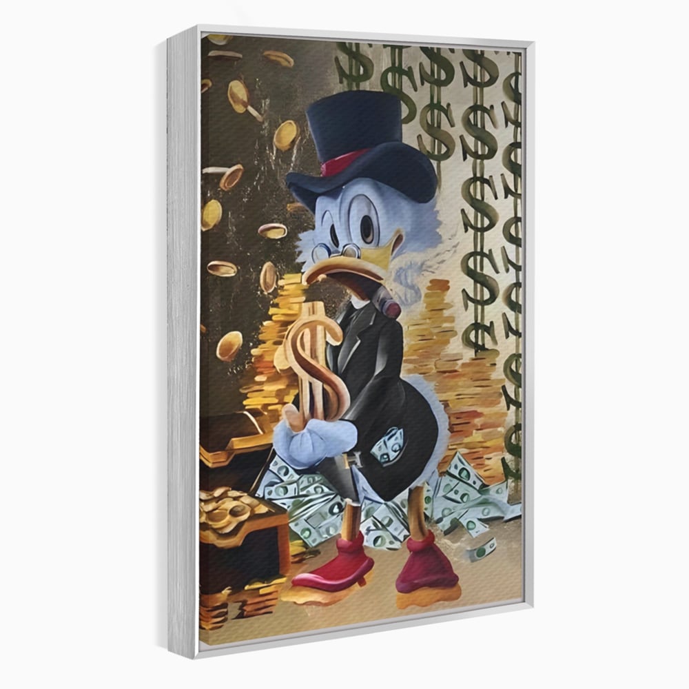 Tablou canvas cu tablou canvas cu scrooge duck si bani, in rama de aluminiu argintiu