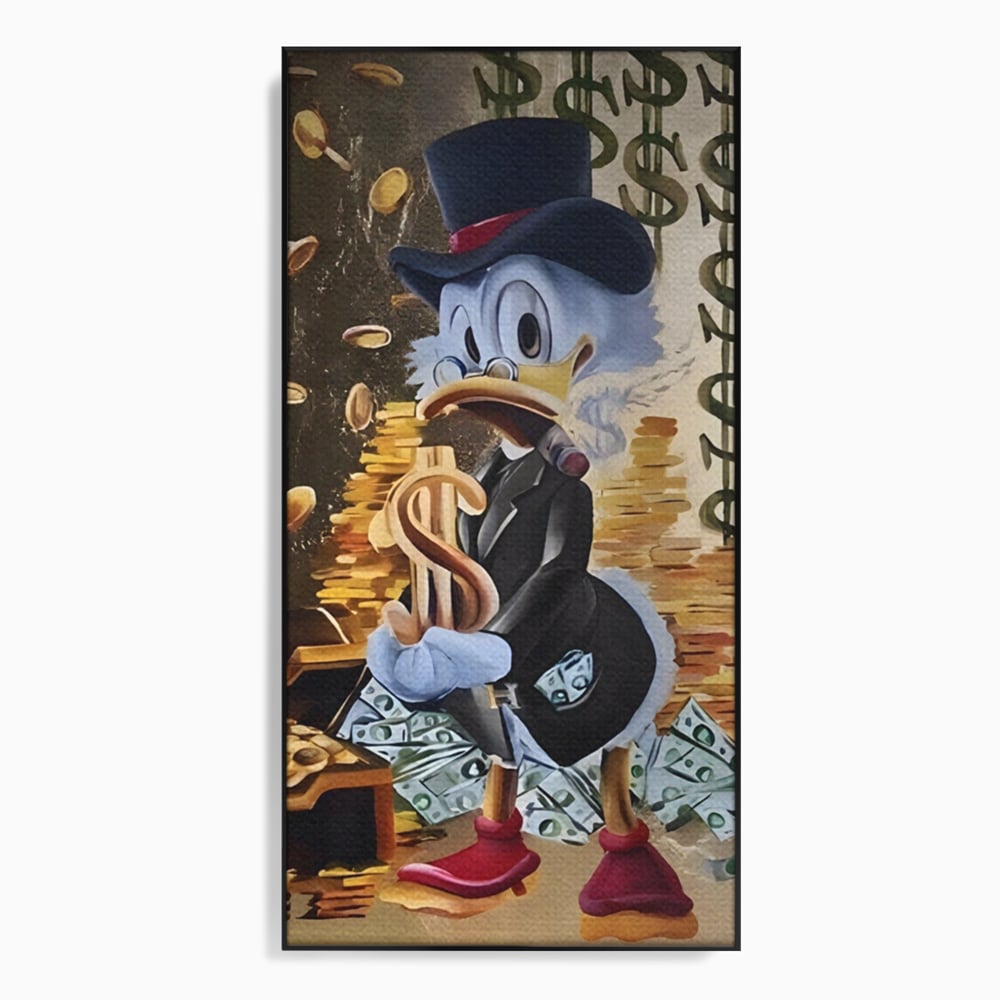 Tablou canvas cu tablou canvas cu scrooge duck si bani, in rama de aluminiu negru