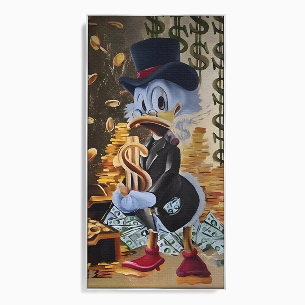 Tablou canvas cu tablou canvas cu scrooge duck si bani, in rama de aluminiu argintiu