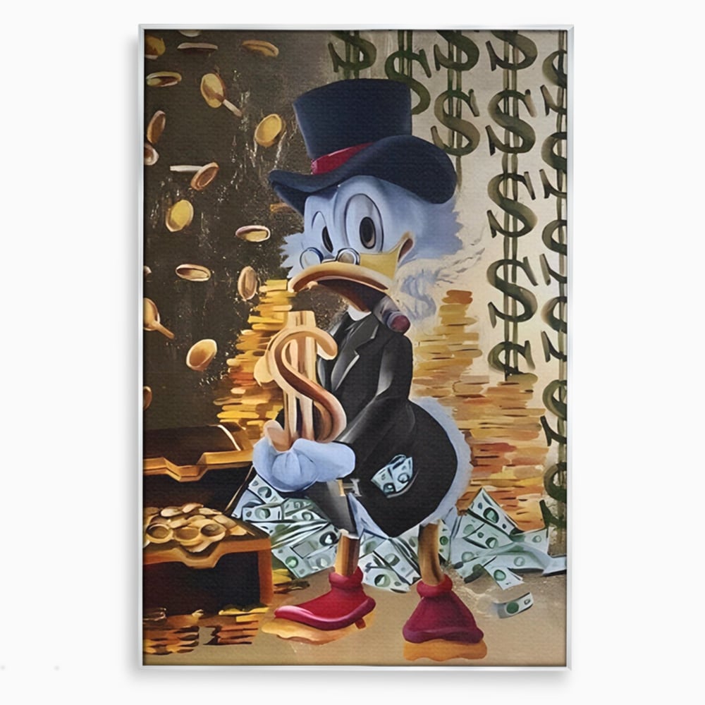 Tablou canvas cu tablou canvas cu scrooge duck si bani, in rama de aluminiu argintiu