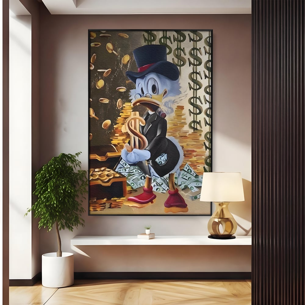 Tablou canvas cu tablou canvas cu scrooge duck si bani, in rama de aluminiu negru