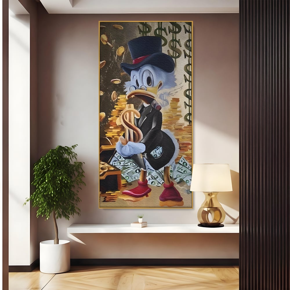 Tablou canvas cu tablou canvas cu scrooge duck si bani, in rama de aluminiu auriu