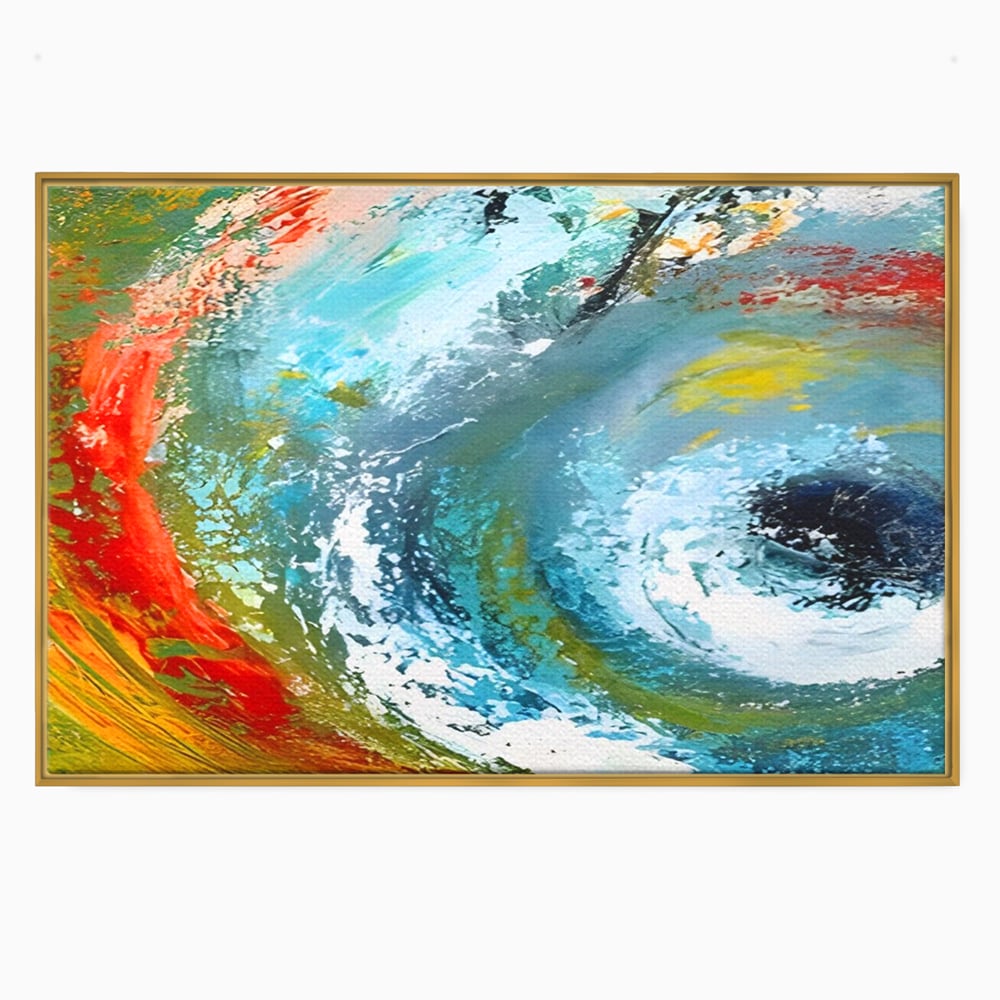 Tablou canvas cu pictura abstracta cu vartej de culori, in rama de aluminiu auriu