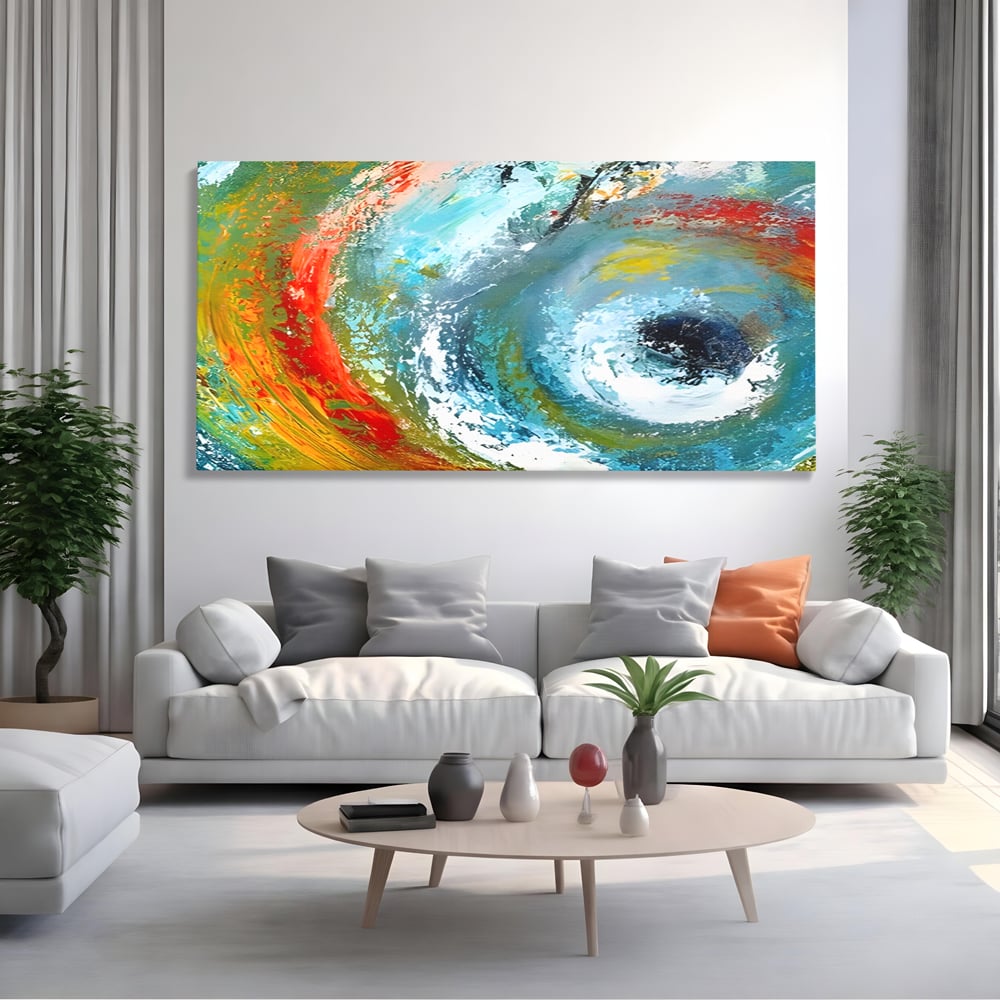 Tablou canvas cu pictura abstracta cu vartej de culori, fara rama, pe sasiu de lemn, pe perete intr-un living