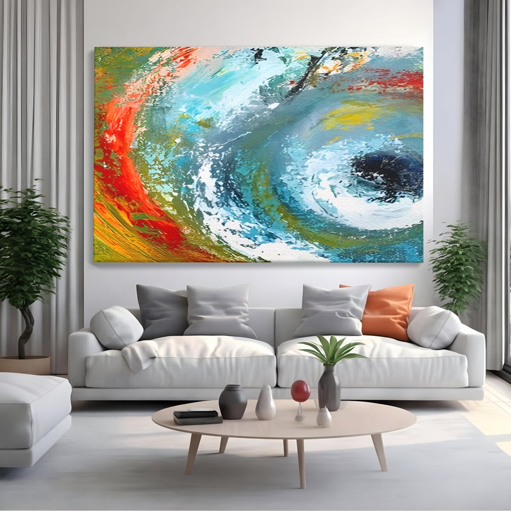 Tablou canvas cu pictura abstracta cu vartej de culori, fara rama, pe sasiu de lemn, pe perete intr-un living