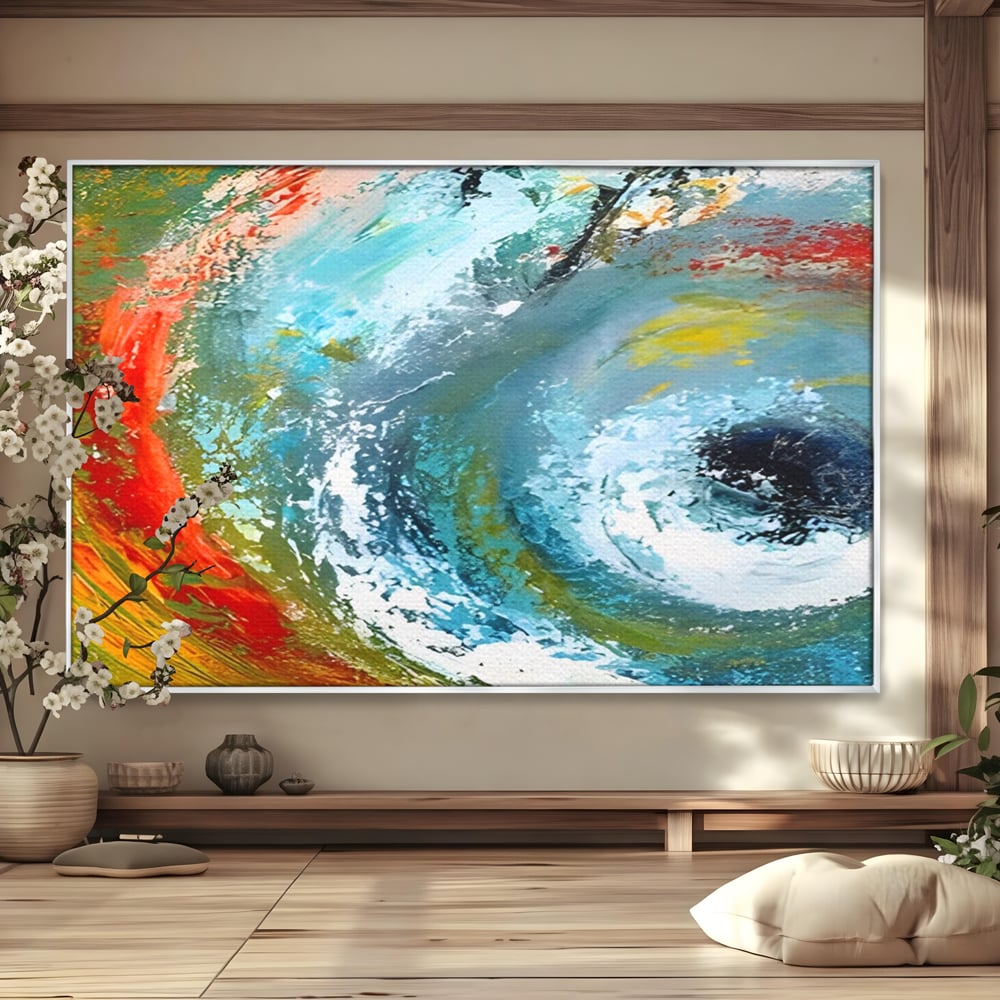Tablou canvas cu pictura abstracta cu vartej de culori, in rama de aluminiu argintiu
