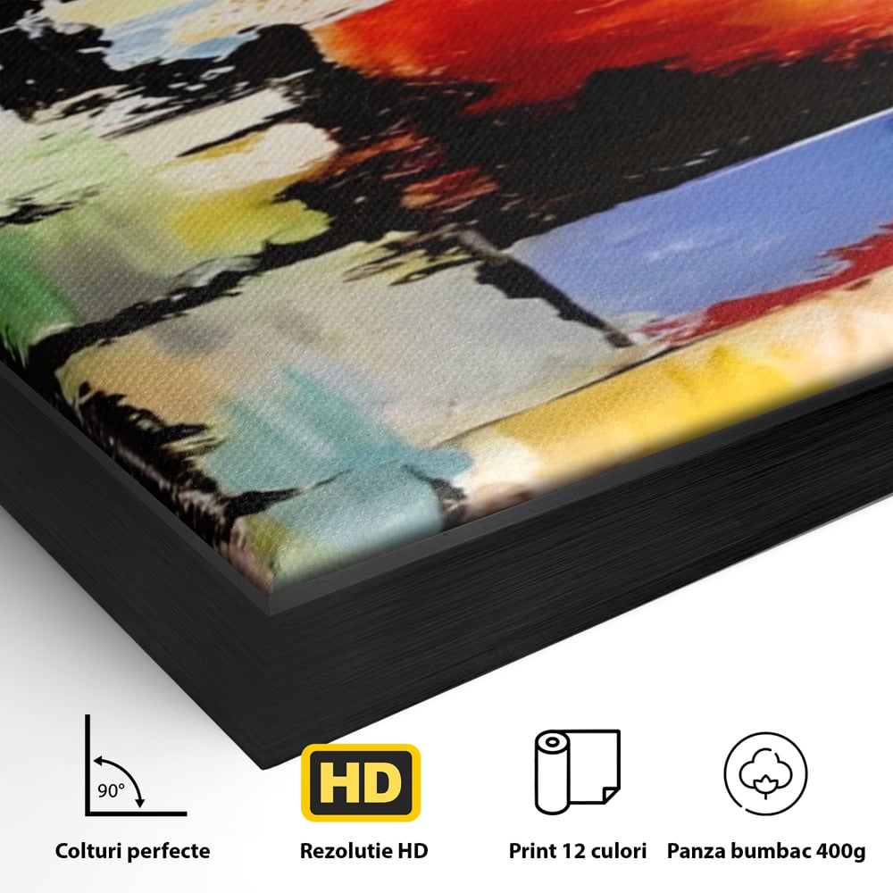 Detaliu al suprafetei: tablou canvas pictura abstracta cromatica, in rama de aluminiu negru