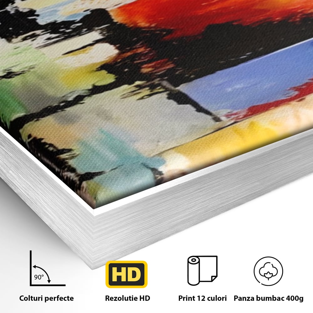 Detaliu al suprafetei: tablou canvas pictura abstracta cromatica, in rama de aluminiu argintiu