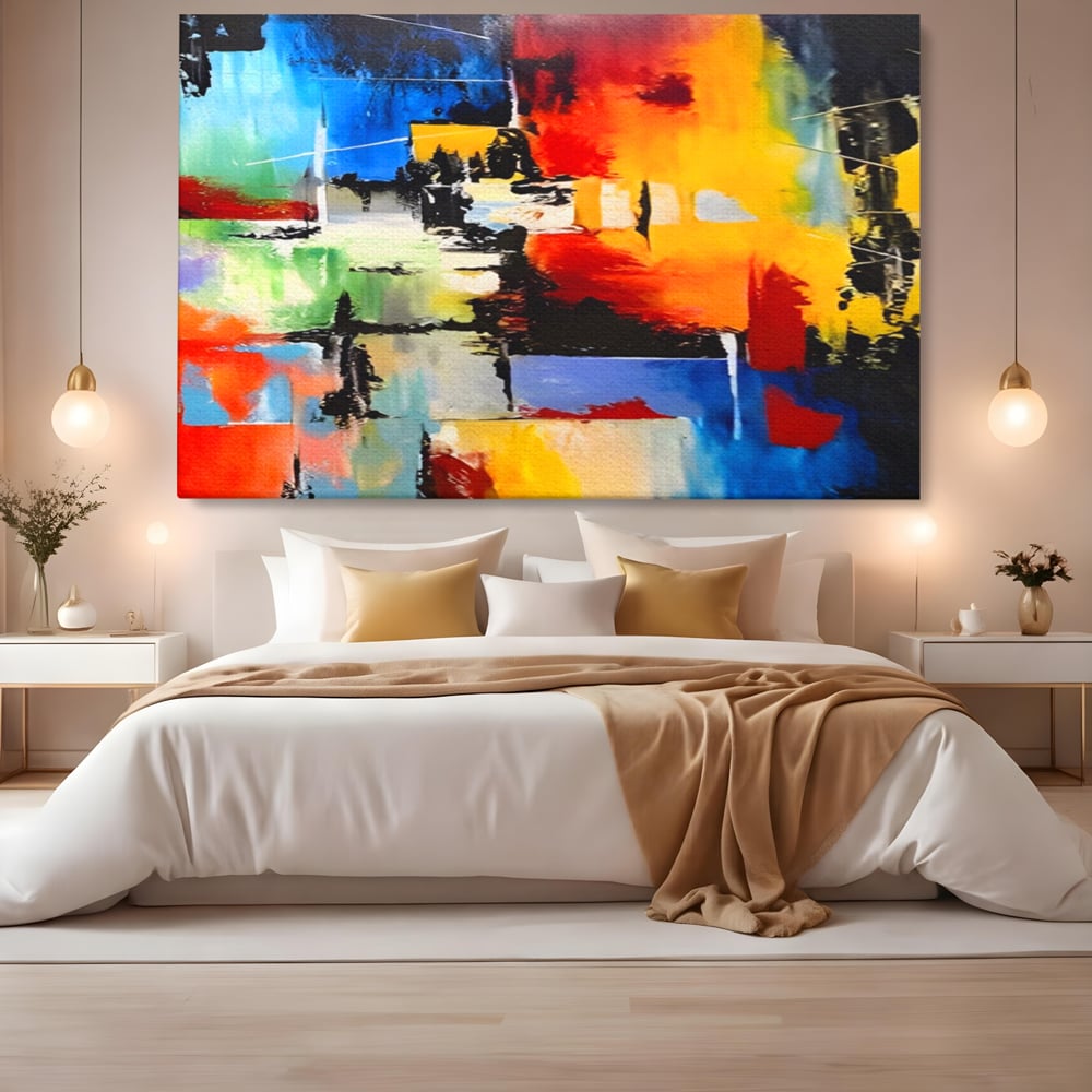 Tablou canvas cu tablou canvas pictura abstracta cromatica, fara rama, pe sasiu de lemn, pe perete intr-un dormitor