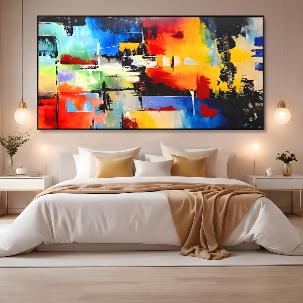 Tablou canvas cu tablou canvas pictura abstracta cromatica, in rama de aluminiu negru, pe perete intr-un dormitor
