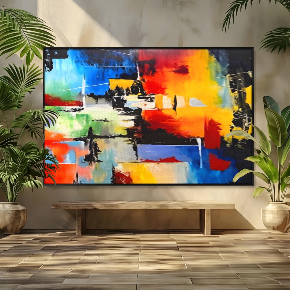 Tablou canvas cu tablou canvas pictura abstracta cromatica, in rama de aluminiu negru