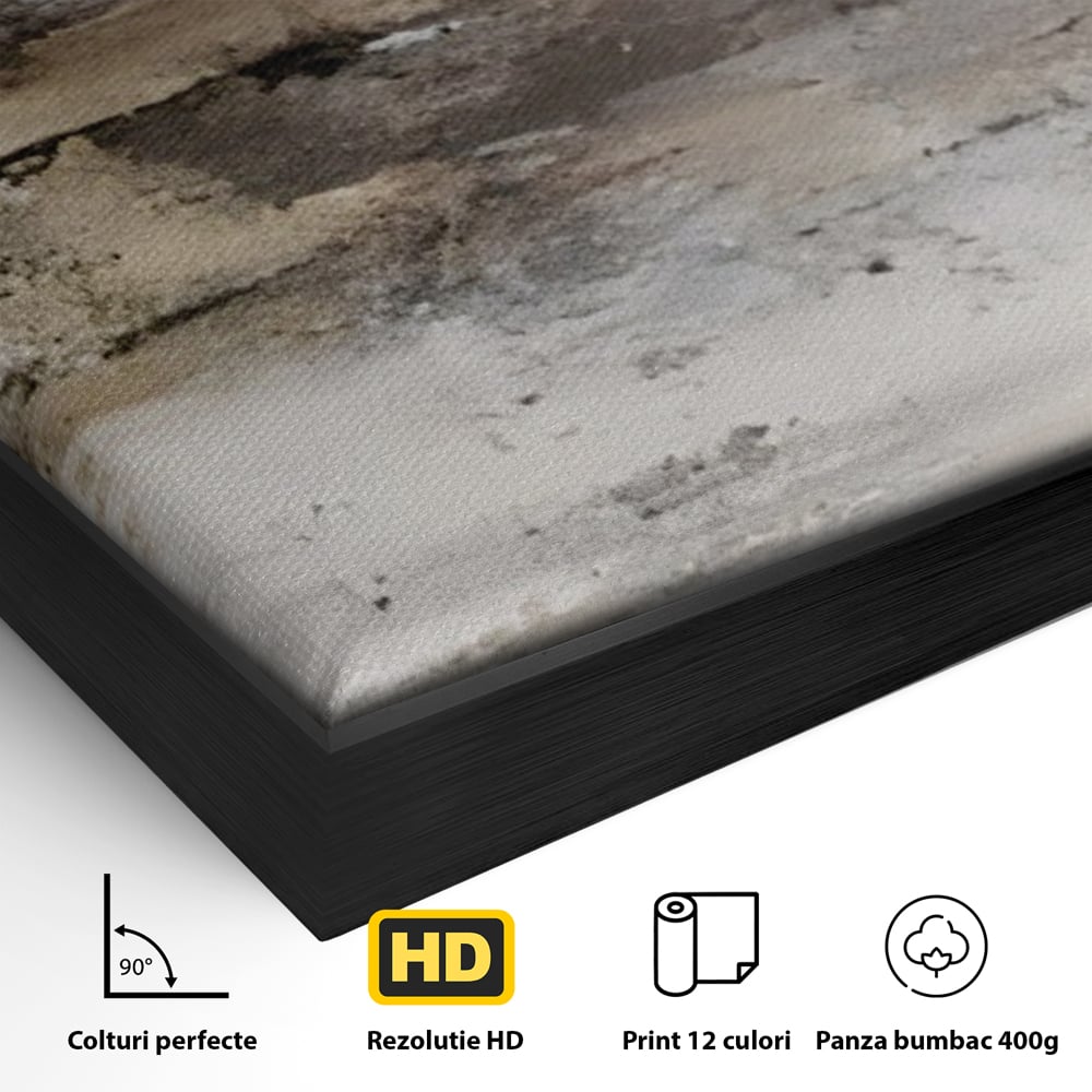 Detaliu al suprafetei: pictura abstracta cu texturi gri si bronz, in rama de aluminiu negru