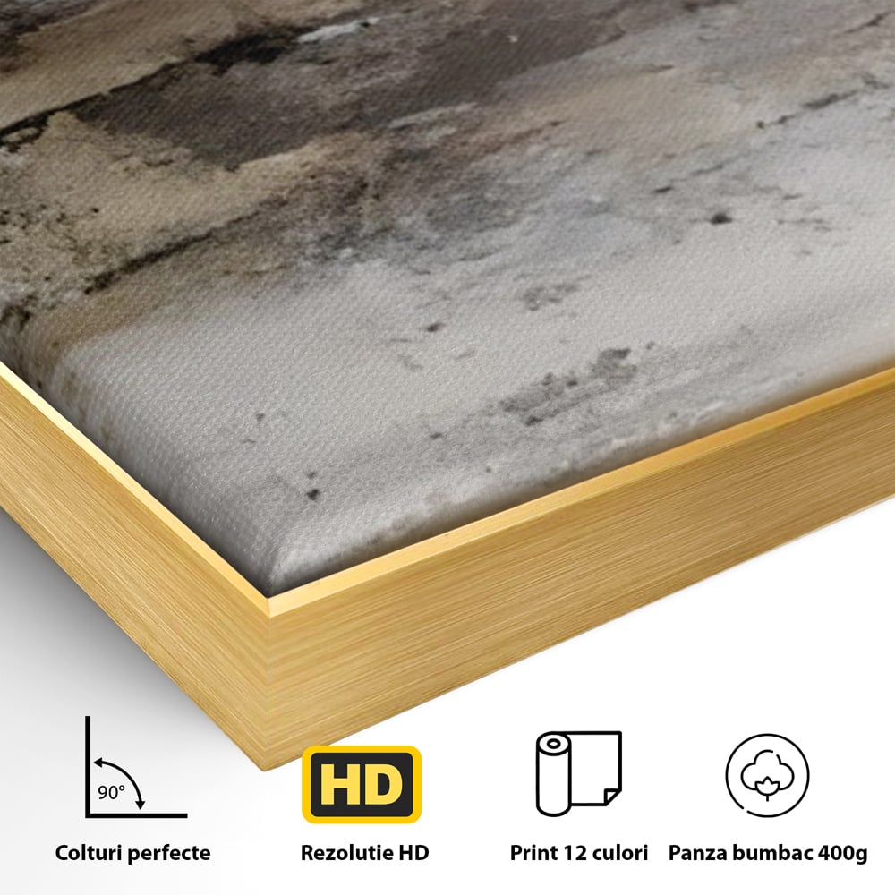 Detaliu al suprafetei: pictura abstracta cu texturi gri si bronz, in rama de aluminiu auriu