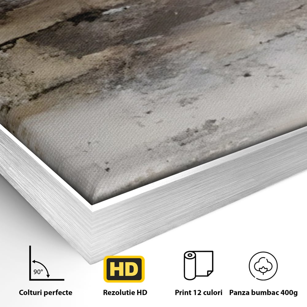 Detaliu al suprafetei: pictura abstracta cu texturi gri si bronz, in rama de aluminiu argintiu