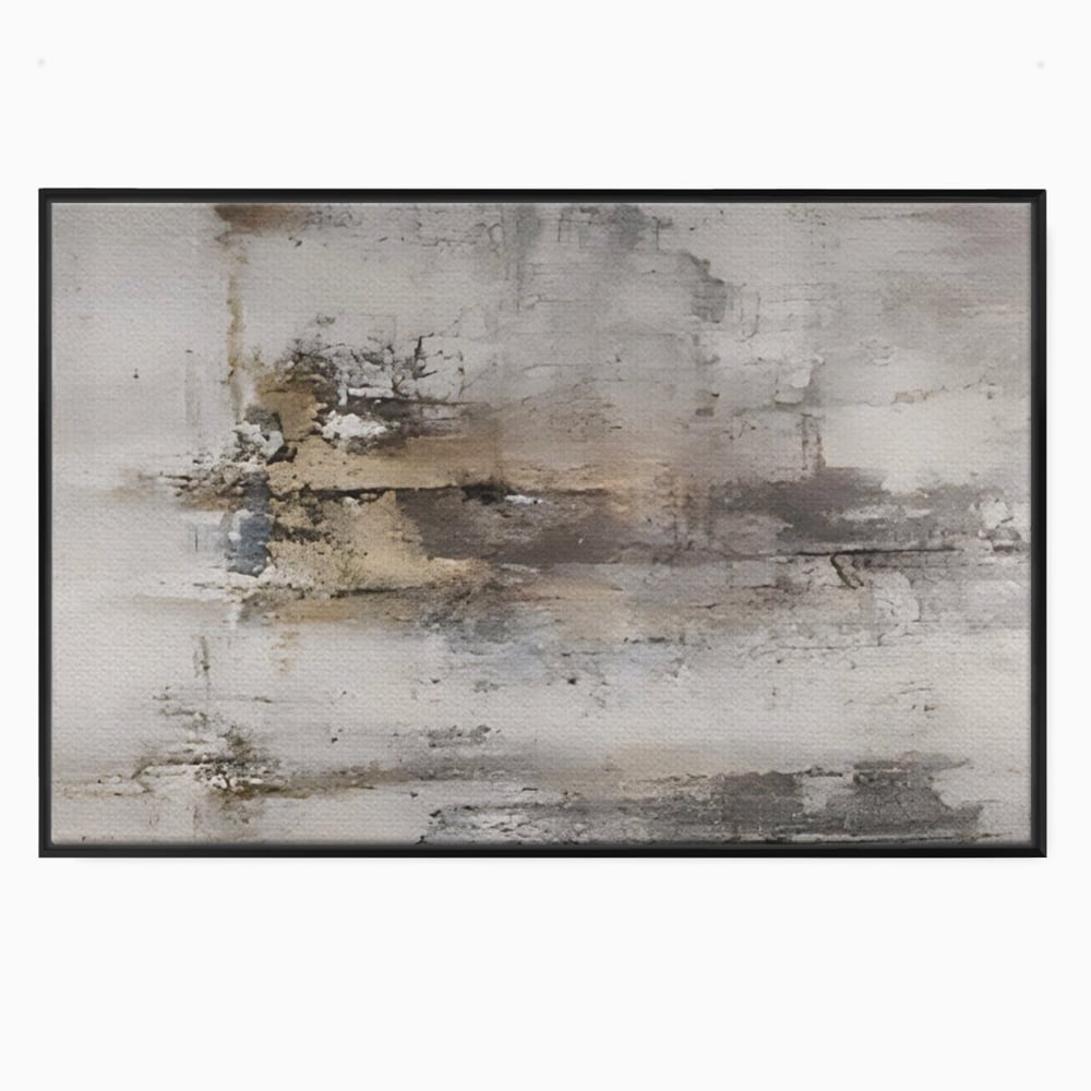 Tablou canvas cu pictura abstracta cu texturi gri si bronz, in rama de aluminiu negru