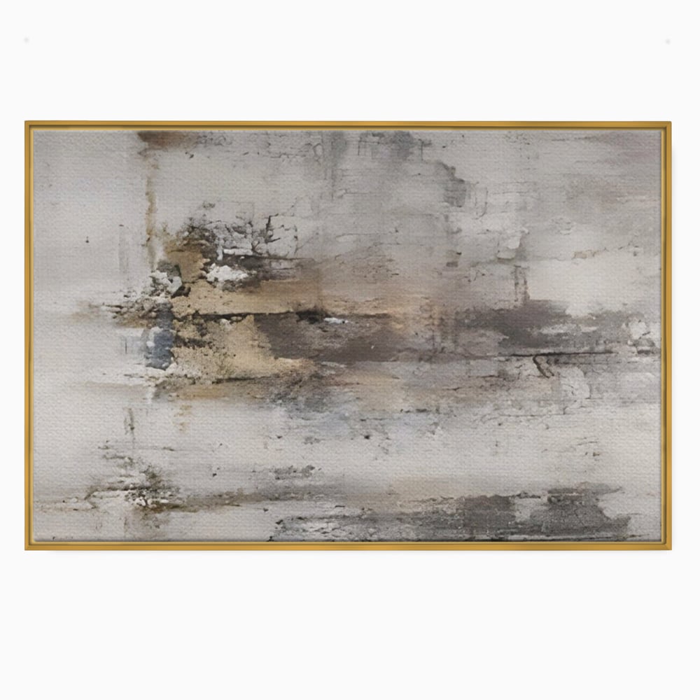 Tablou canvas cu pictura abstracta cu texturi gri si bronz, in rama de aluminiu auriu