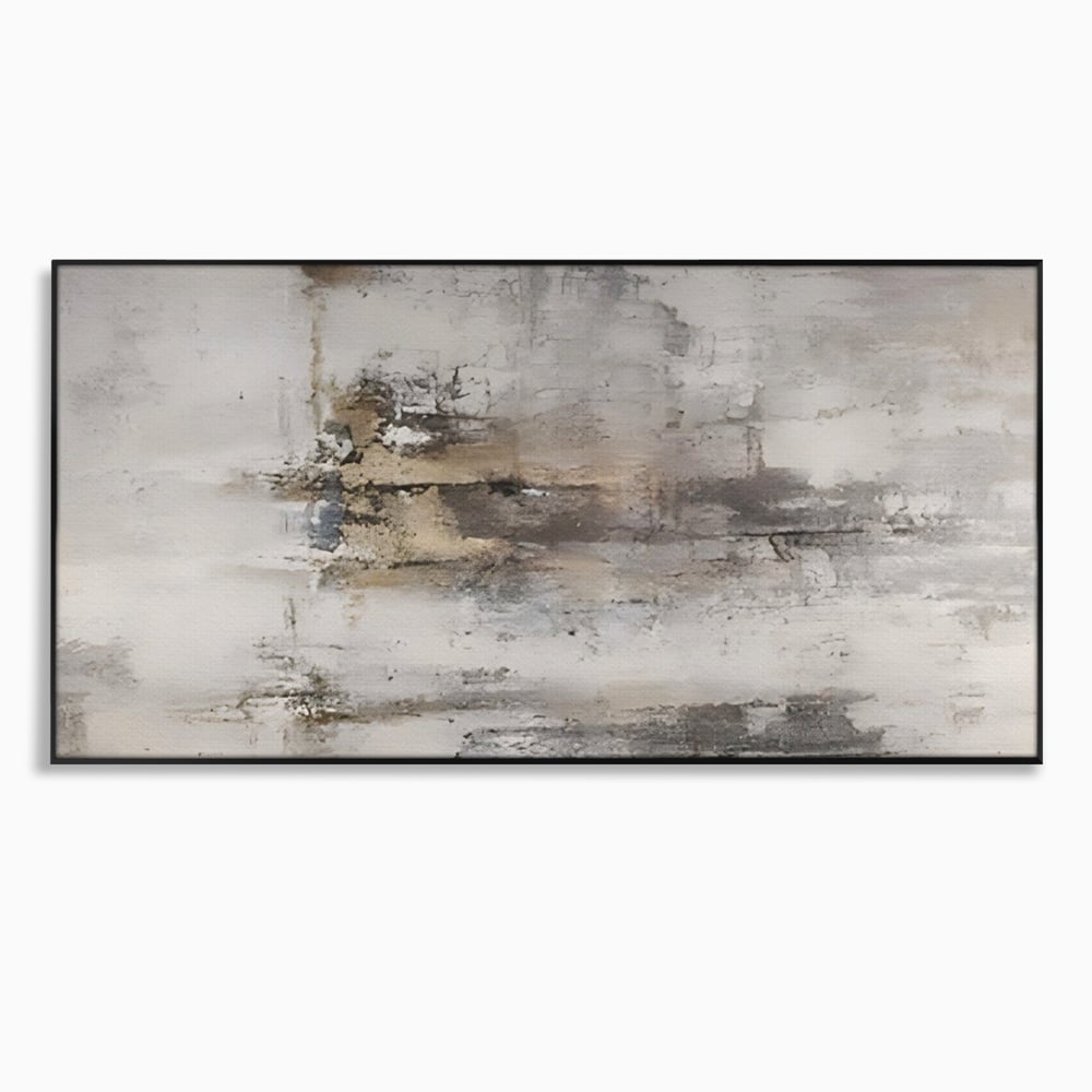 Tablou canvas cu pictura abstracta cu texturi gri si bronz, in rama de aluminiu negru