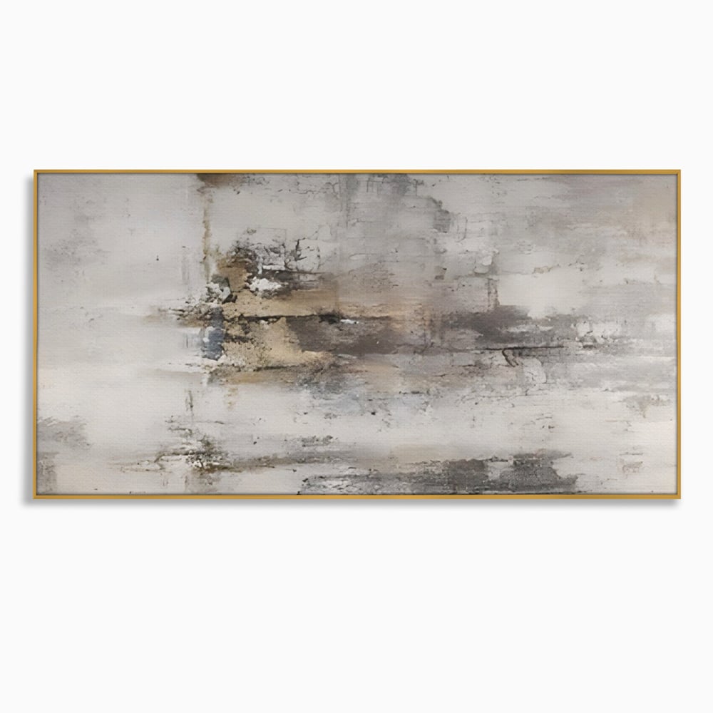 Tablou canvas cu pictura abstracta cu texturi gri si bronz, in rama de aluminiu auriu