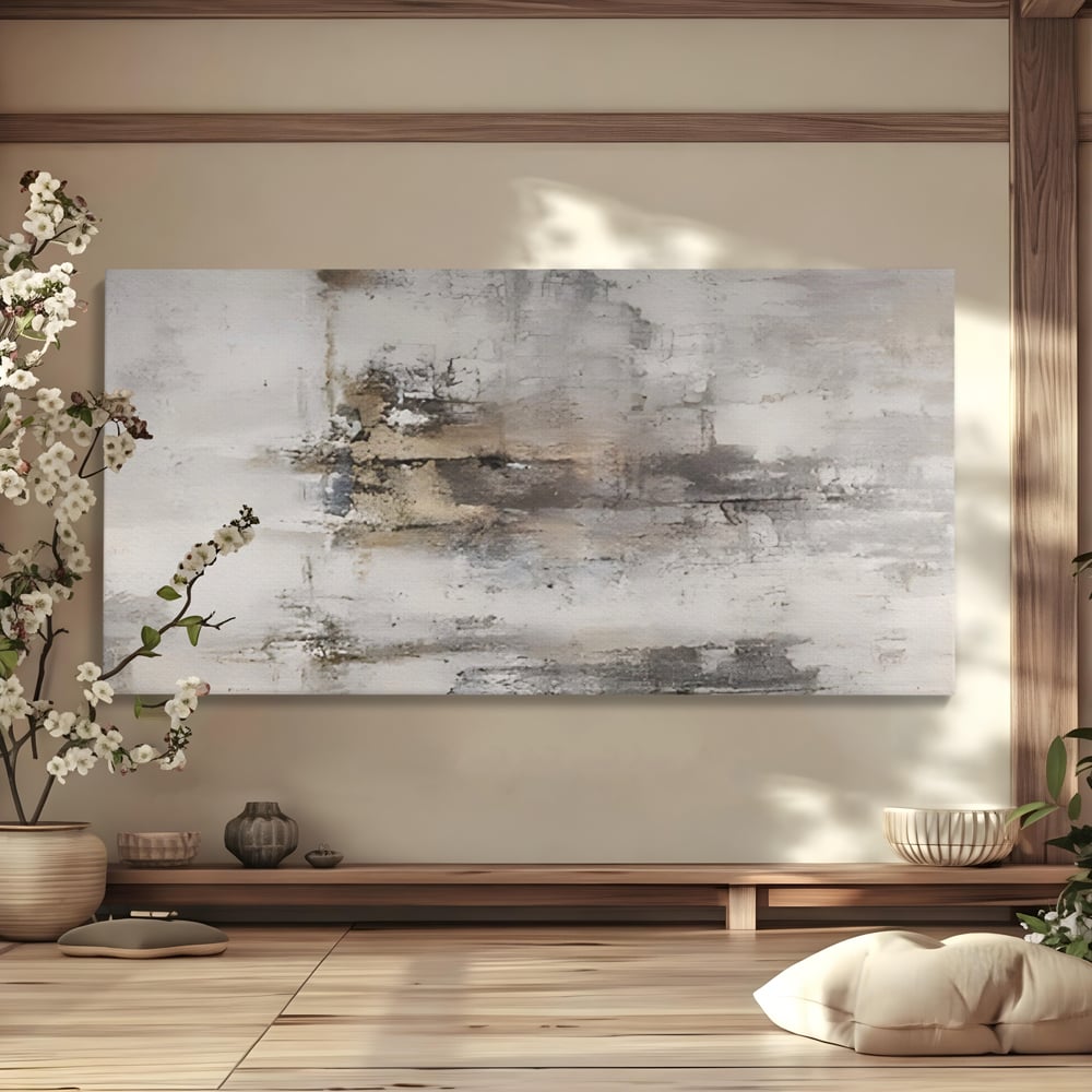 Tablou canvas cu pictura abstracta cu texturi gri si bronz, fara rama, pe sasiu de lemn