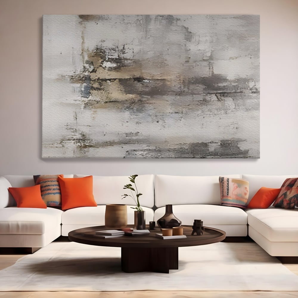 Tablou canvas cu pictura abstracta cu texturi gri si bronz, fara rama, pe sasiu de lemn, pe perete intr-un living