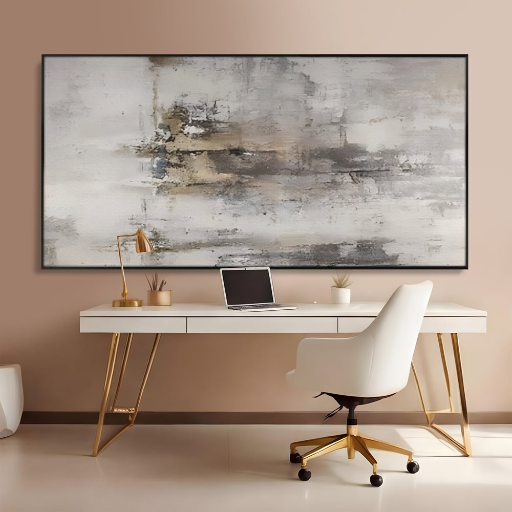 Tablou canvas cu pictura abstracta cu texturi gri si bronz, in rama de aluminiu negru, pe perete intr-un birou