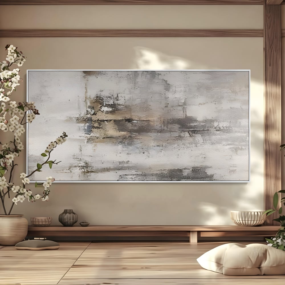 Tablou canvas cu pictura abstracta cu texturi gri si bronz, in rama de aluminiu argintiu