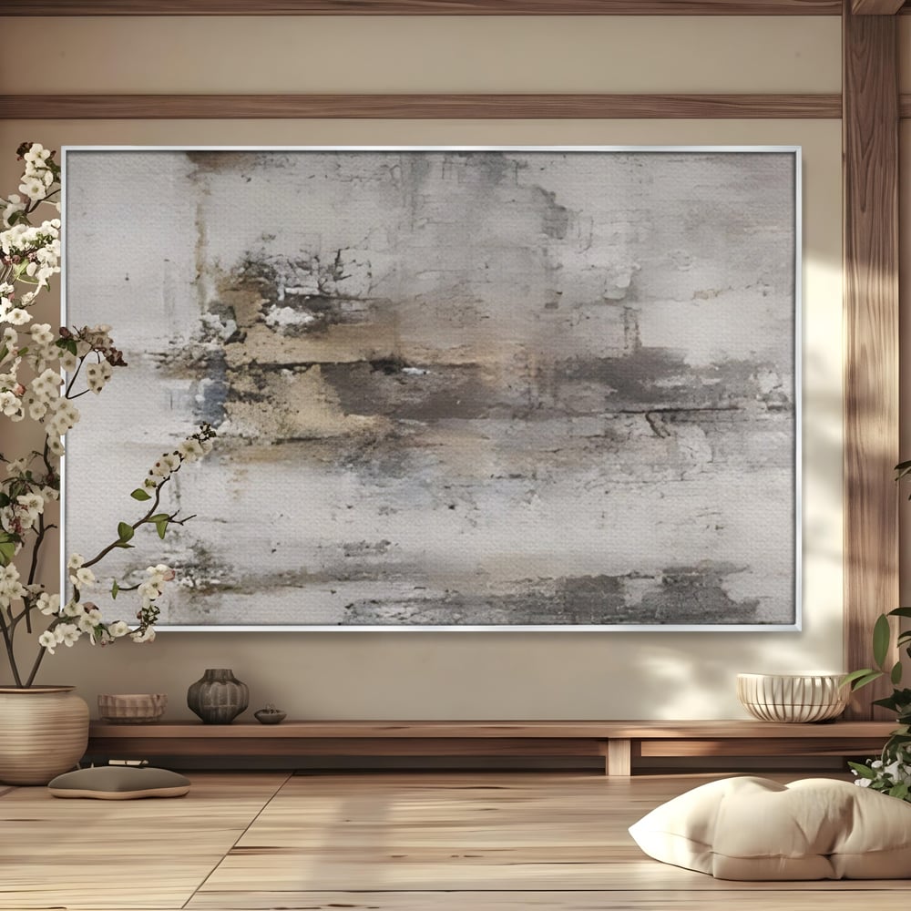 Tablou canvas cu pictura abstracta cu texturi gri si bronz, in rama de aluminiu argintiu