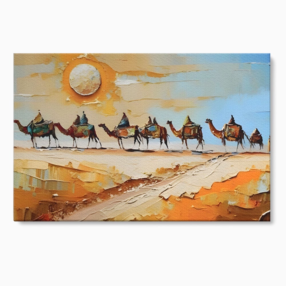 Tablou canvas cu pictura cu caravana de camile in desert, fara rama, pe sasiu de lemn