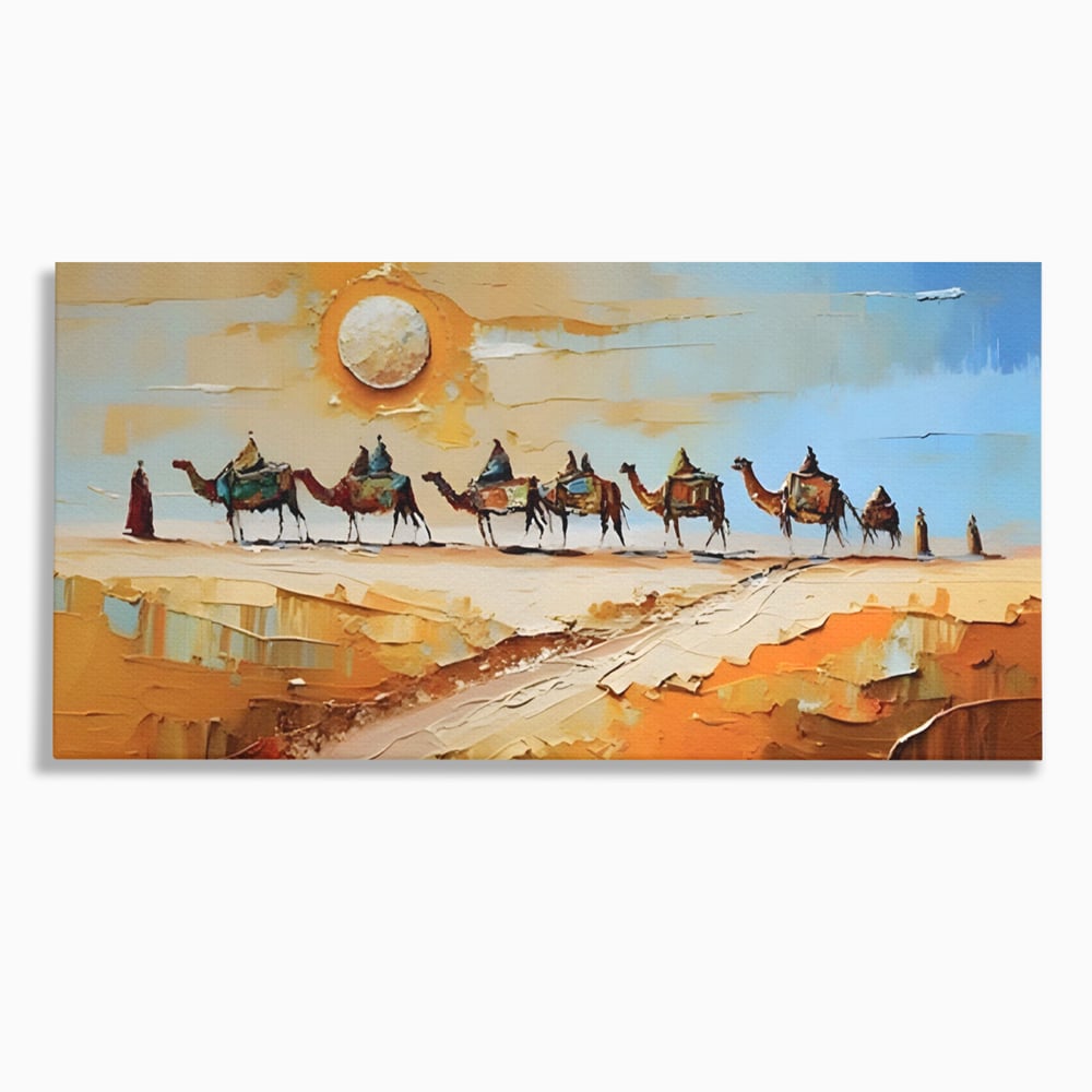 Tablou canvas cu pictura cu caravana de camile in desert, fara rama, pe sasiu de lemn