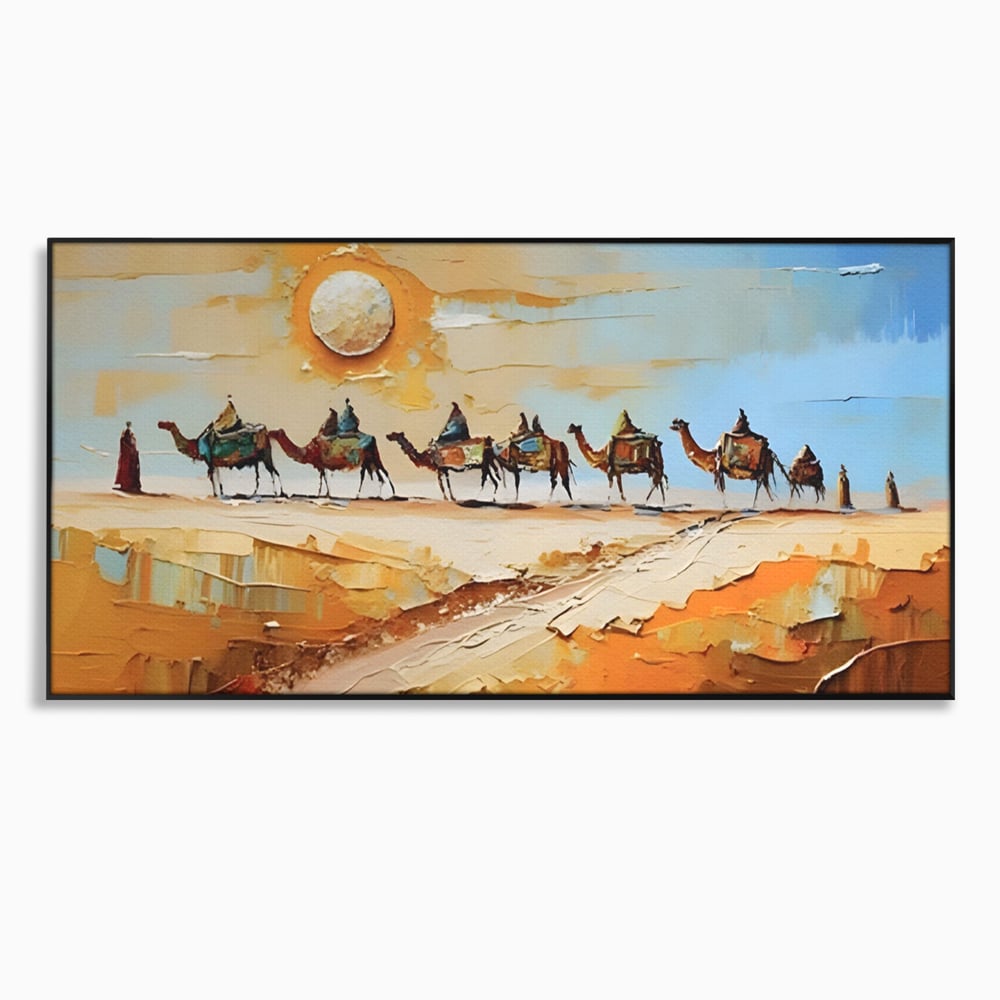 Tablou canvas cu pictura cu caravana de camile in desert, in rama de aluminiu negru