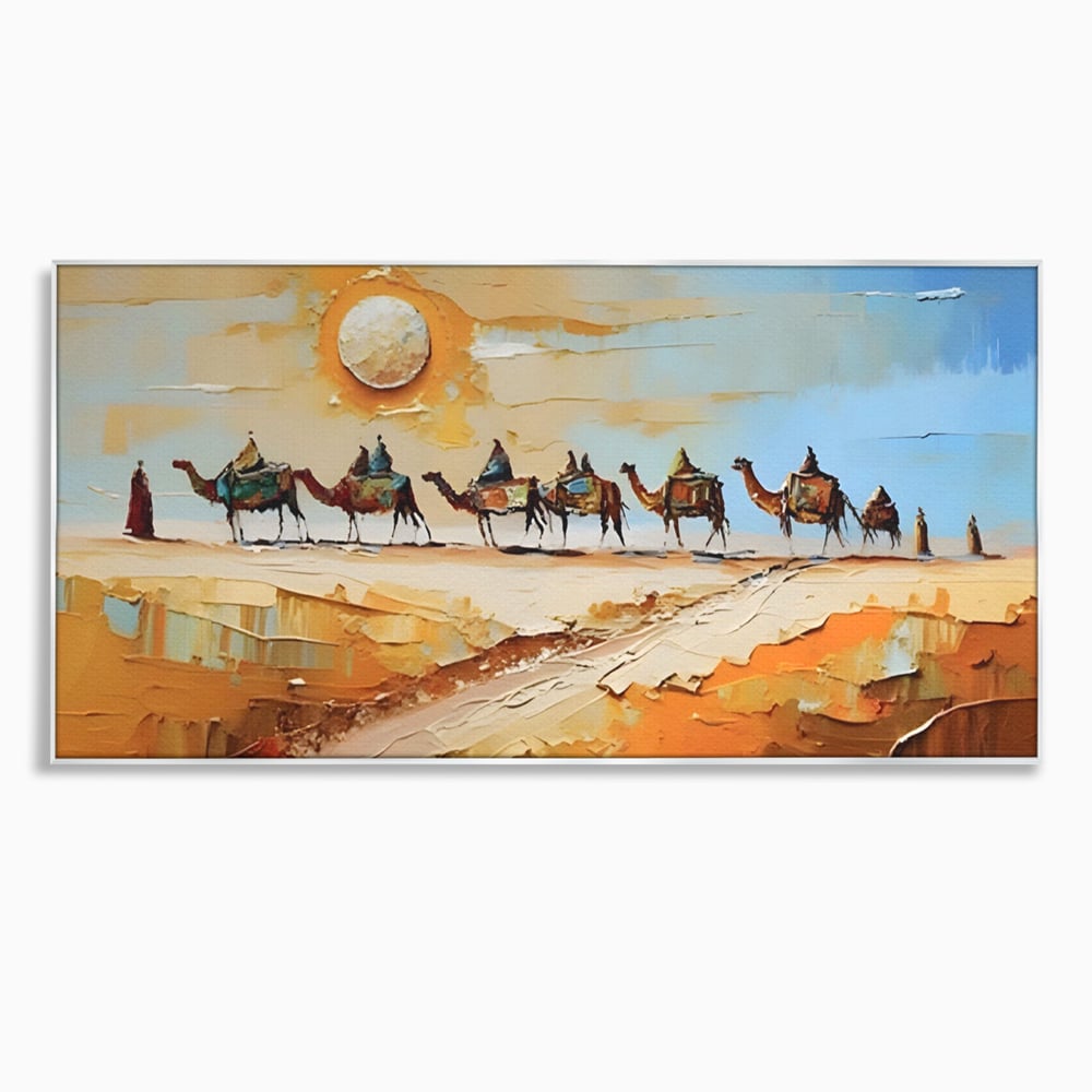 Tablou canvas cu pictura cu caravana de camile in desert, in rama de aluminiu argintiu